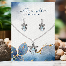Blå Guld Akvarellblad Halsband Visningskort Visitkort