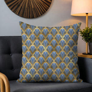 Blå Guld Art Deco Fläktmönster Kudde
