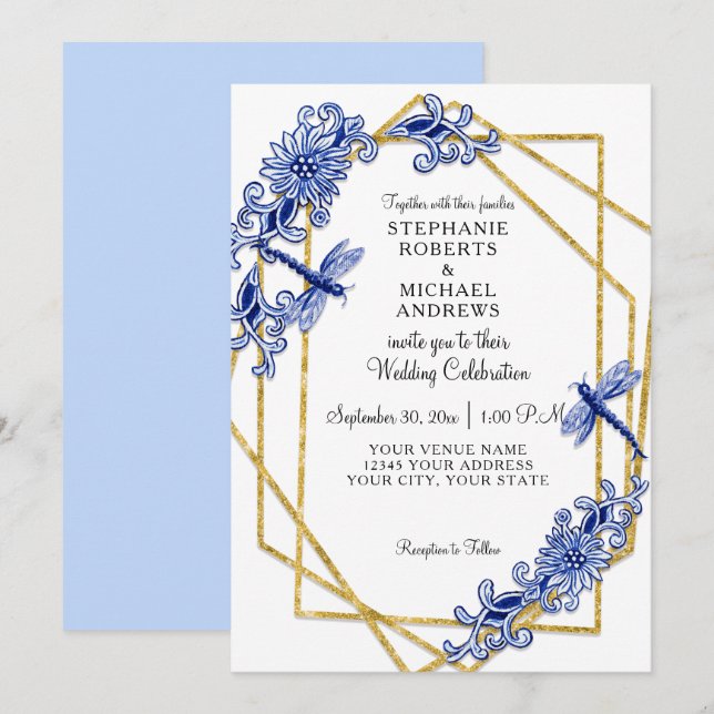 Blå Guld Asian Dragonfly China Flowers Watercolor Inbjudningar (Fram/baksida)