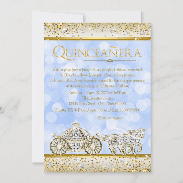 Blå Guld Askungen Prinsessa Quinceanera Inbjudningar (Framsida)