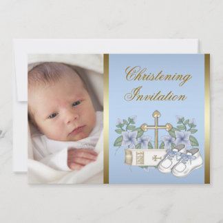 Blå Guld Baby Pojke Foto Dop Inbjudan