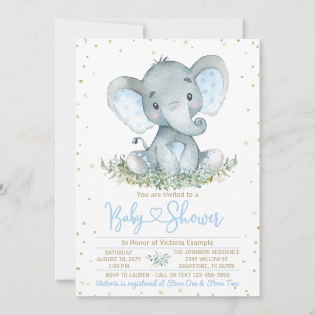 Blå Guld Baby Shower Inbjudan för Pojke Elefant (Framsida)