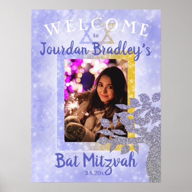 Blå & Guld Bat Mitzvah Välkomstskylt Poster (Framsidan)