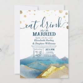 Blå Guld Berg EAT Drink & Be Married Bröllop Inbjudningar