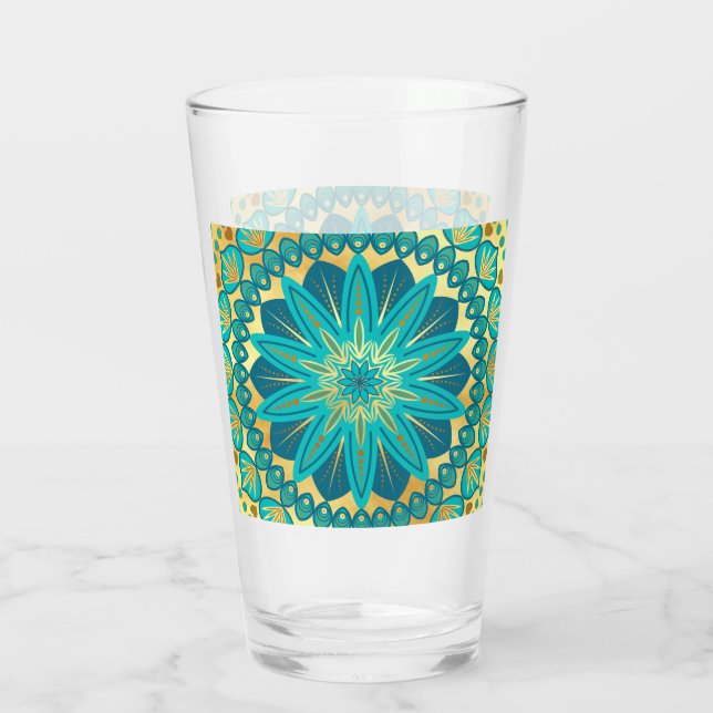 Blå Guld Blomma Mandala Glaskopp (Baksida)