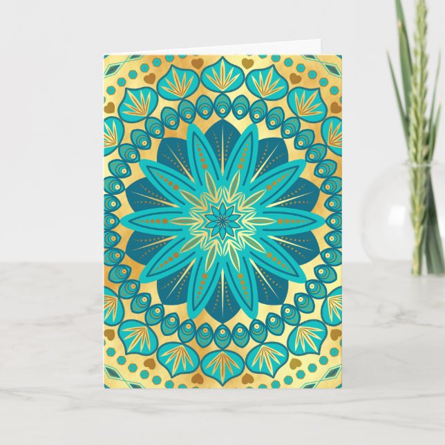 Blå Guld Blomma Mandala Inbjudan (Framsida)