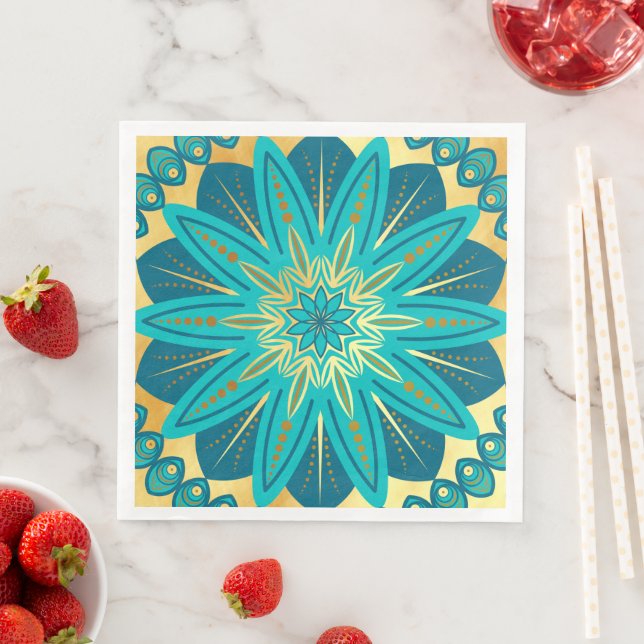 Blå Guld Blomma Mandala Pappersservett (Insitu)