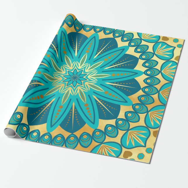 Blå Guld Blomma Mandala Presentpapper (Utrullad)