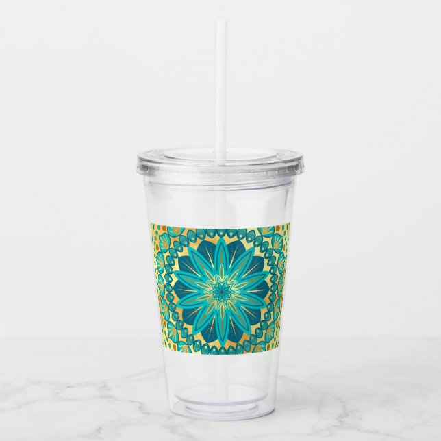 Blå Guld Blomma Mandala Take Away Mugg (Framsida)