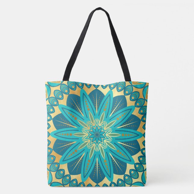 Blå Guld Blomma Mandala Tygkasse (Baksida)