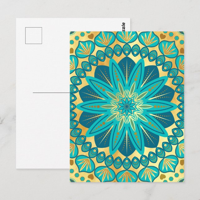 Blå Guld Blomma Mandala Vykort (Fram/baksida)