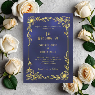 Blå guld blommande vintage bröllop inbjudningar