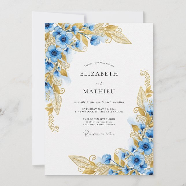 Blå Guld Blommig Förtrollad Bröllop Inbjudningar (Framsida)