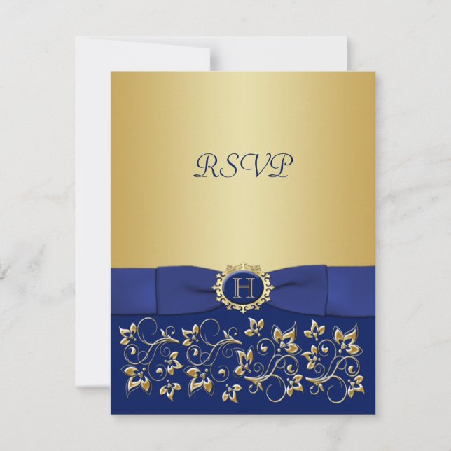 Blå, Guld Blommig Rullande Bröllopssvarskort OSA Kort (Framsida)