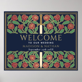 Blå Guld Blommig Svärd Kunglig Bröllops Välkomstsk Poster