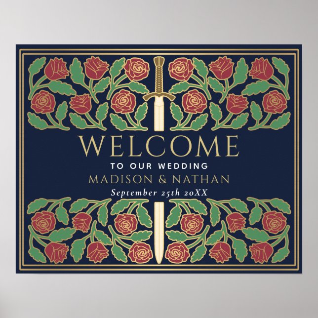 Blå Guld Blommig Svärd Kunglig Bröllops Välkomstsk Poster (Framsidan)