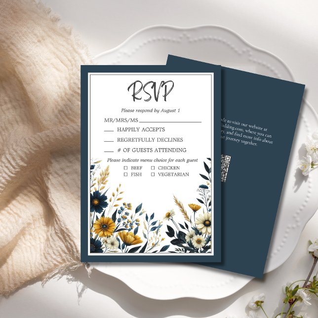 Blå Guld Blommigt Formell Elegant bröllop OSA Kort (Elegant Formal Wedding RSVP Blue Yellow Wildflower Floral with QR Code for Wedding Website.)