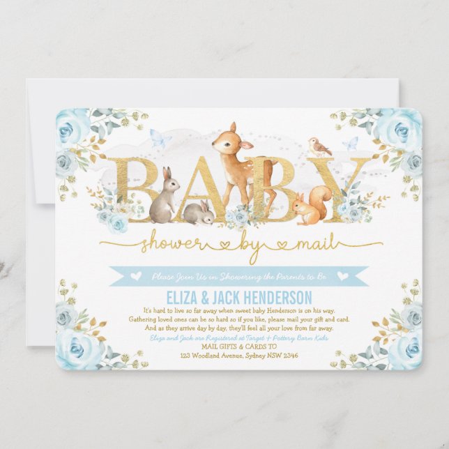 Blå Guld Blommigt Woodland Hjort Baby Shower efter Inbjudningar (Framsida)