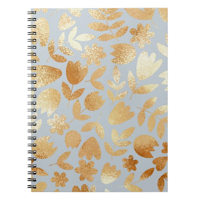 Blå guld-blommor, blå bakgrund, folieimitation. anteckningsbok (Framsidan)