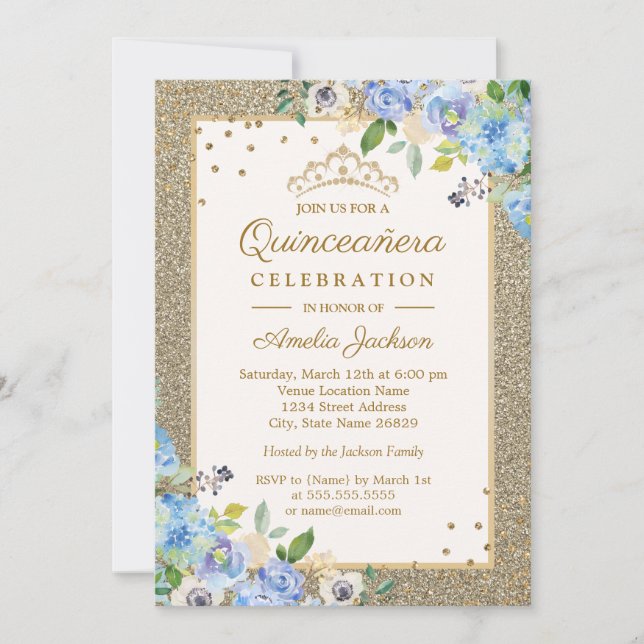 Blå Guld blomster Glänsande Quinceanera Inbjudningar (Framsida)