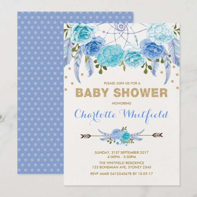 Blå Guld Boho blomma Dreamcatcher Baby Shower Inbjudningar (Fram/baksida)