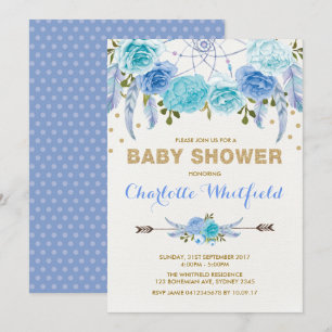 Blå Guld Boho blomma Dreamcatcher Baby Shower Inbjudningar