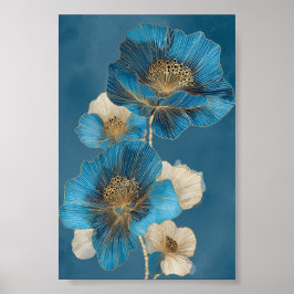 Blå Guld Botanisk Vallmo Linje Konst Blommig Poster