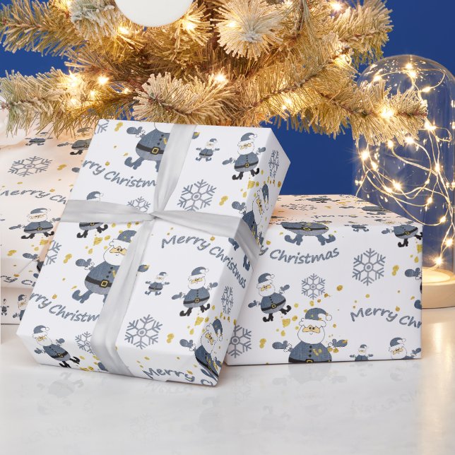 Blå Guld Denim Mode Jul Santa Mönster Presentpapper (Helgdagar)