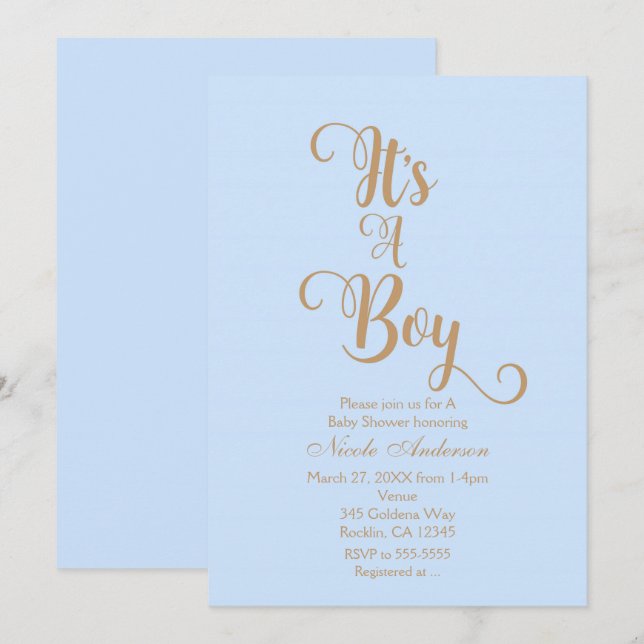 Blå & Guld Det är en pojke Baby Shower-inbjudninga Inbjudningar (Fram/baksida)