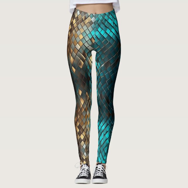 Blå Guld Drakfjäll Leggings (Framsida)