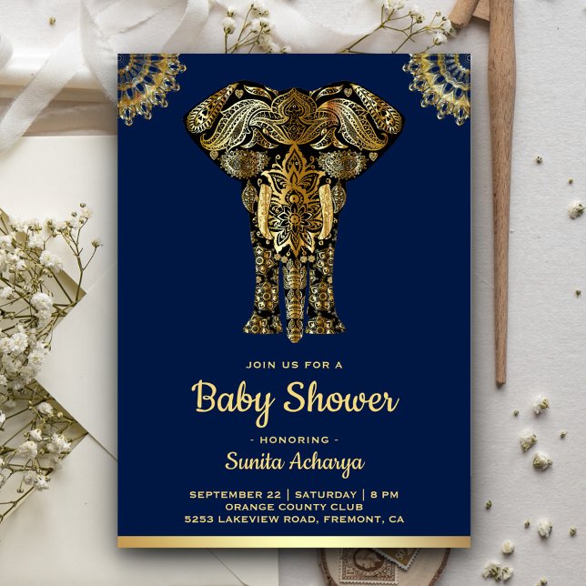 Blå Guld Elefant Indisk Baby Shower Inbjudningar (Skapare uppladdad)