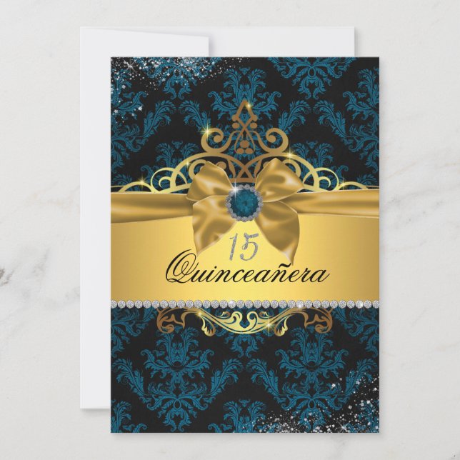 Blå Guld Elegant Damask Quinceanera Inbjudan (Framsida)