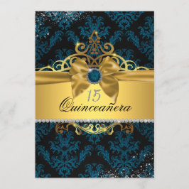 Blå Guld Elegant Damask Quinceanera Inbjudan