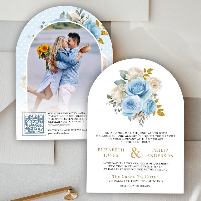 Blå Guld Elfenben Blommig Rosor QR-kod Foto Bröllo Inbjudningar (Skapare uppladdad)