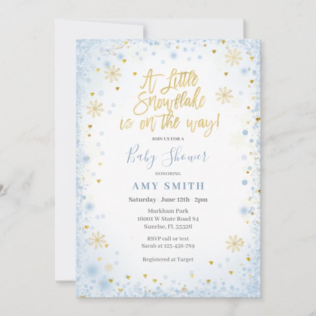 Blå Guld En liten snöflinga är på väg Inbjudningar (Framsida)