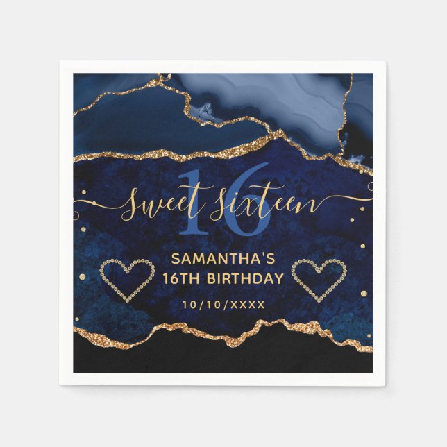Blå & Guld Falsk Glitter Agat Marmor Sweet 16 Pappersservett (Framsidan)