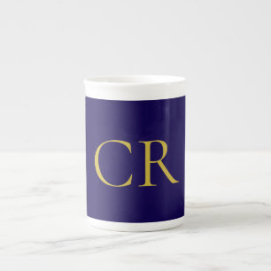 Blå & Guld Färg Monogram Modern Minimalistisk  Benporslin Mugg