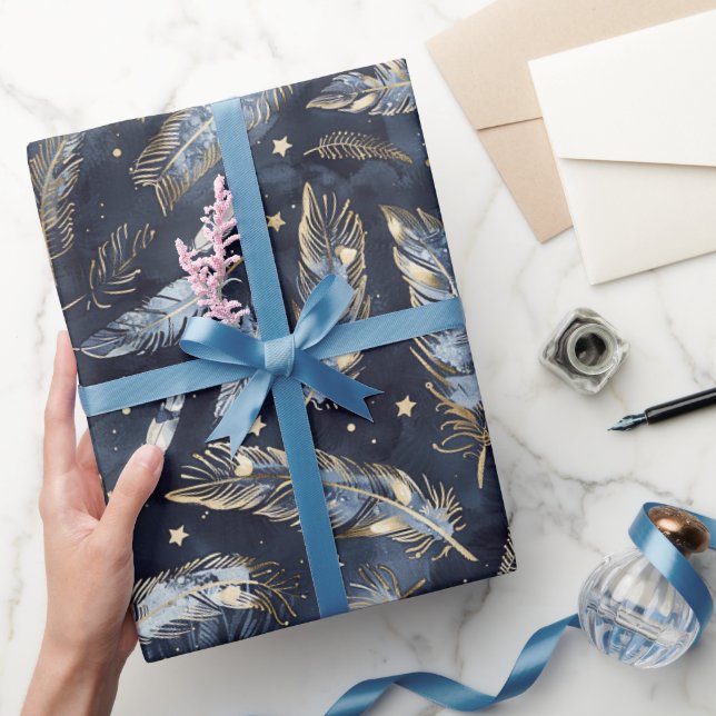 Blå Guld Fjädrar Stjärnor Bröllopsdusch Presentpapper (Gifting)