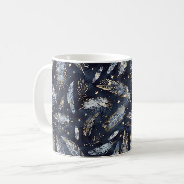 Blå Guld Fjädrar Stjärnor Kaffemugg (Framsida vänster)