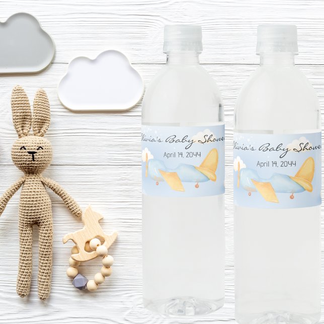 Blå Guld Flygplan Moln, Söt Pojke Baby Shower  Vattenflaskor Etikett (Skapare uppladdad)