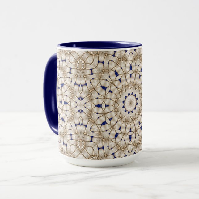 Blå Guld Geometrisk Blommig Mugg (Framsida vänster)