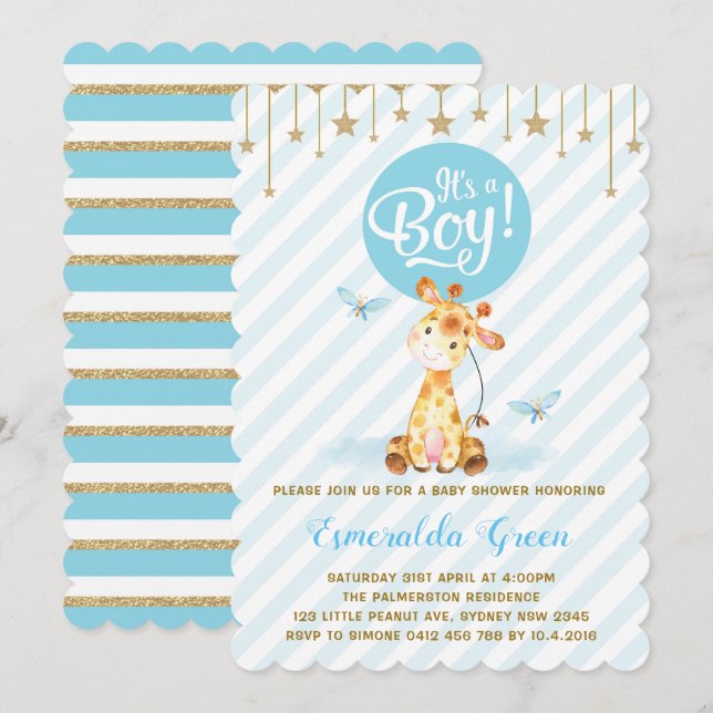Blå Guld Giraffe Baby Shower Twinkle Star Inbjudan (Fram/baksida)