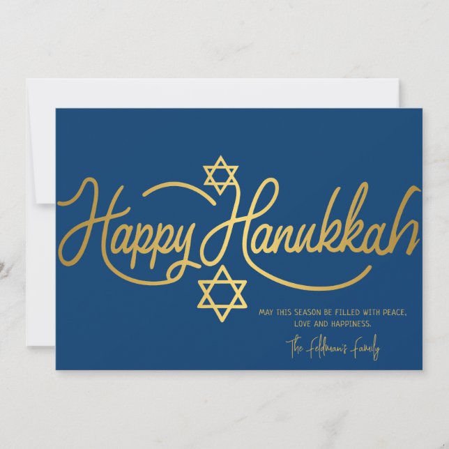 Blå & Guld Glad Hanukkah Kalligrafi   Julkort (Framsida)