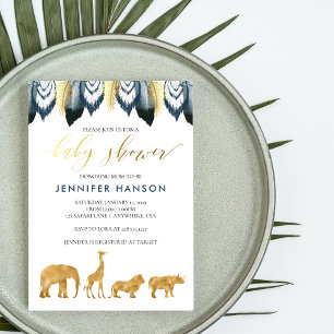 Blå Guld Glam Safari Baby Shower Inbjudan