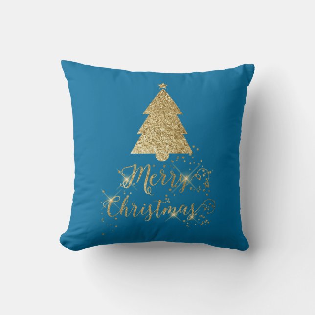 Blå Guld Glänsande God Jul Gran Kudde (Framsida)