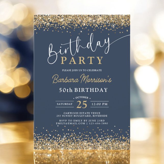 Blå Guld Glitter, 50:e födelsedag Inbjudningar (Skapare uppladdad)