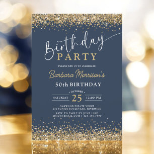 Blå Guld Glitter, 50:e födelsedag Inbjudningar