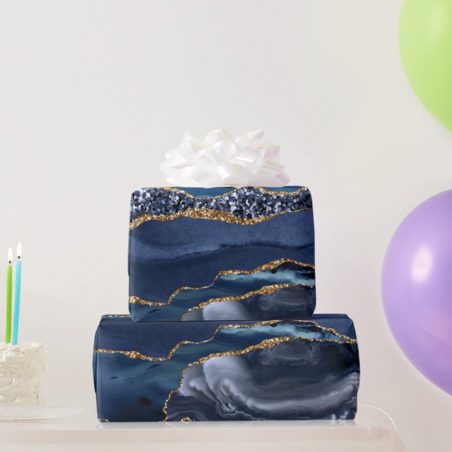 Blå Guld Glitter Agate Marmor Trendig Chic Presentpapper (Festgåvor)