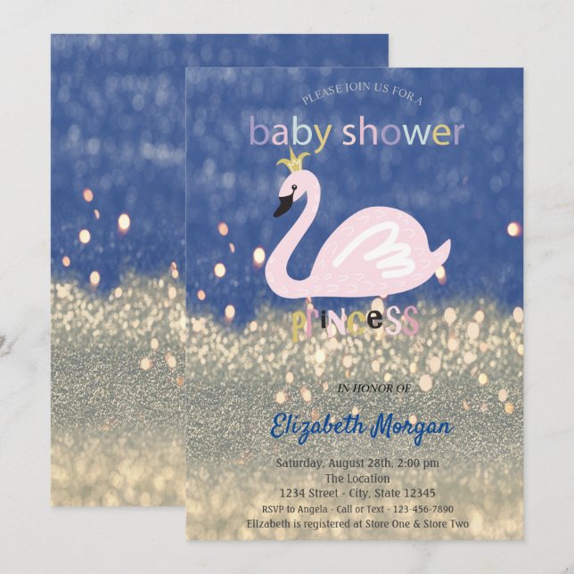 Blå, Guld Glitter Bokeh, Svan Bebis Shower Inbjudningar (Fram/baksida)