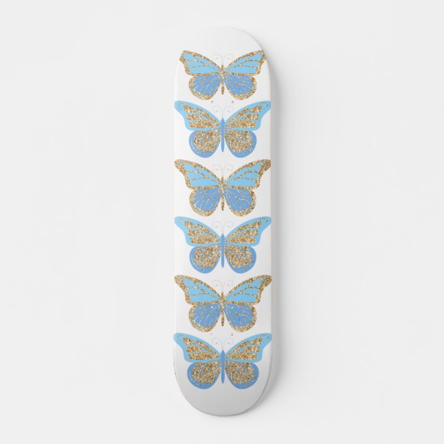 Blå Guld Glitter Fjärilar Mini Skateboard Bräda 18,5 Cm (Framsida)